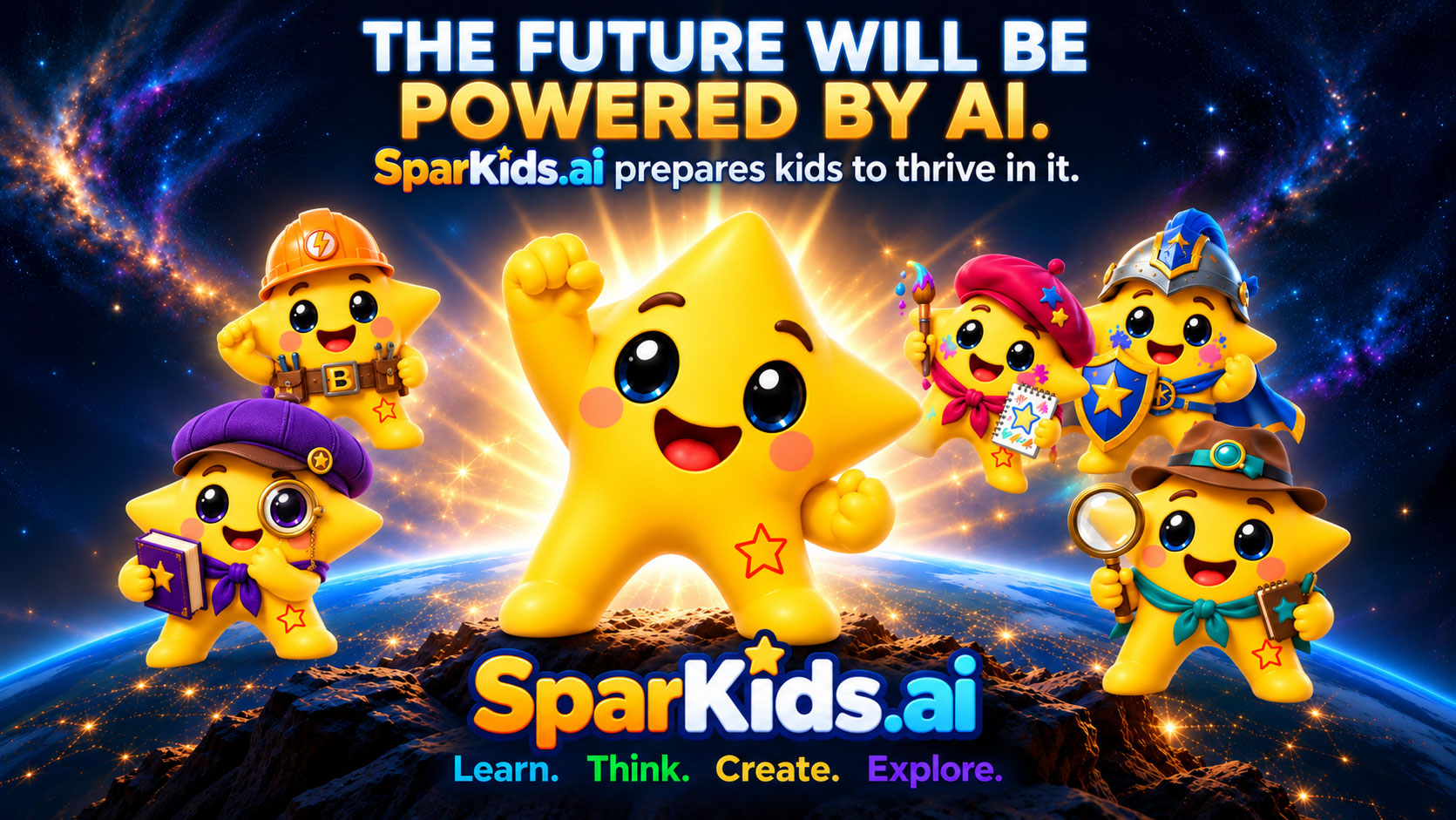 The six Sparks standing heroically together on a glowing mountain peak above Earth, beneath the message: the future will be powered by AI