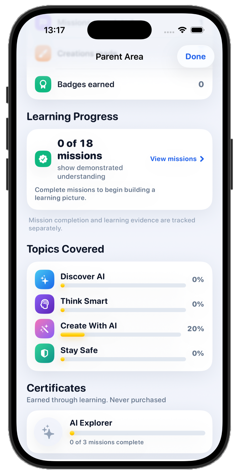 SparKids parent app showing learning progress, topics covered, and certificates