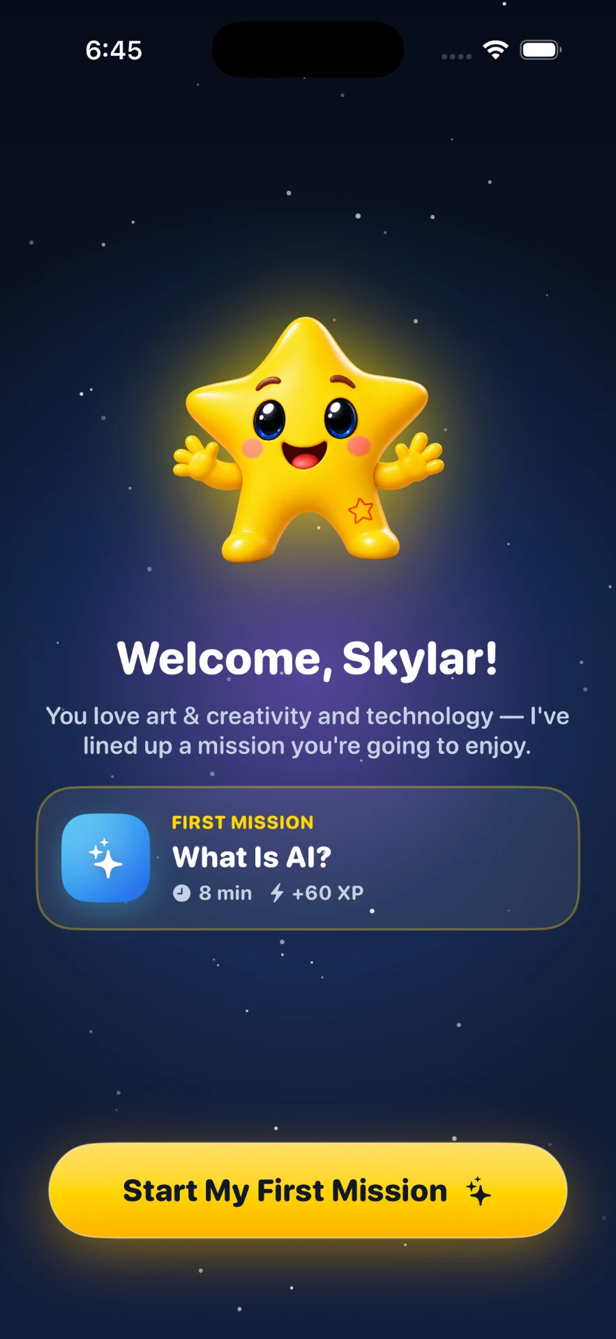 SparKids welcome screen — Spark greets a child and shows their first mission