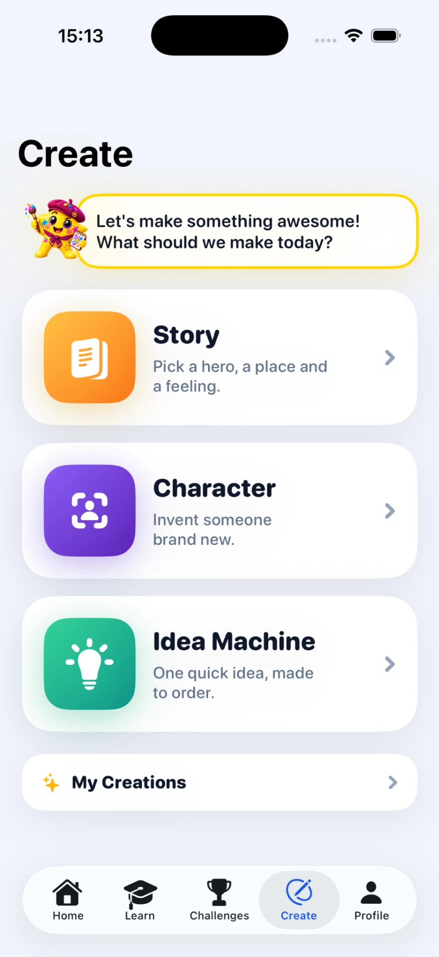 SparKids create screen — kids make stories, invent characters, and explore ideas