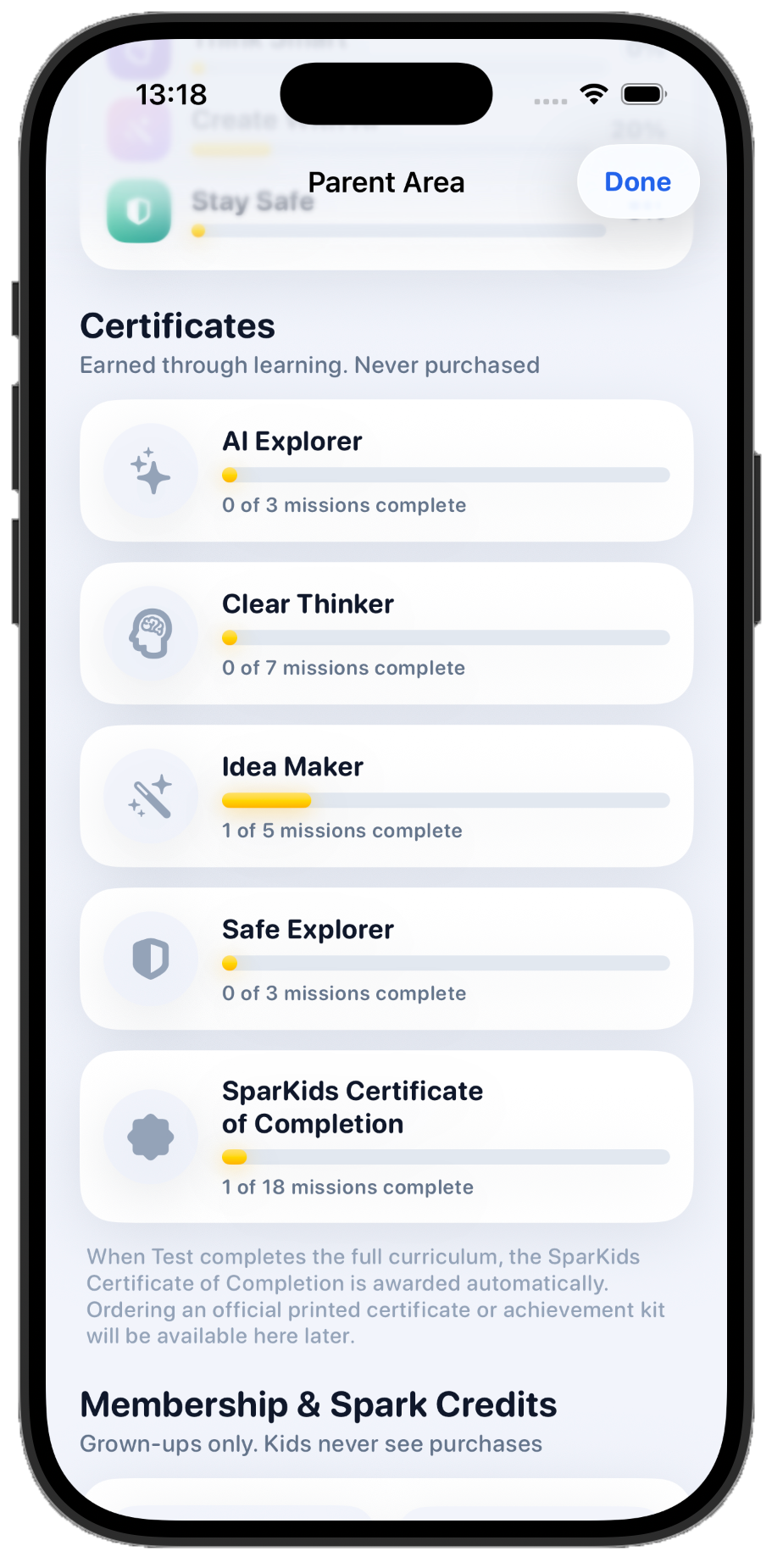 SparKids parent app certificates and learning progress screen
