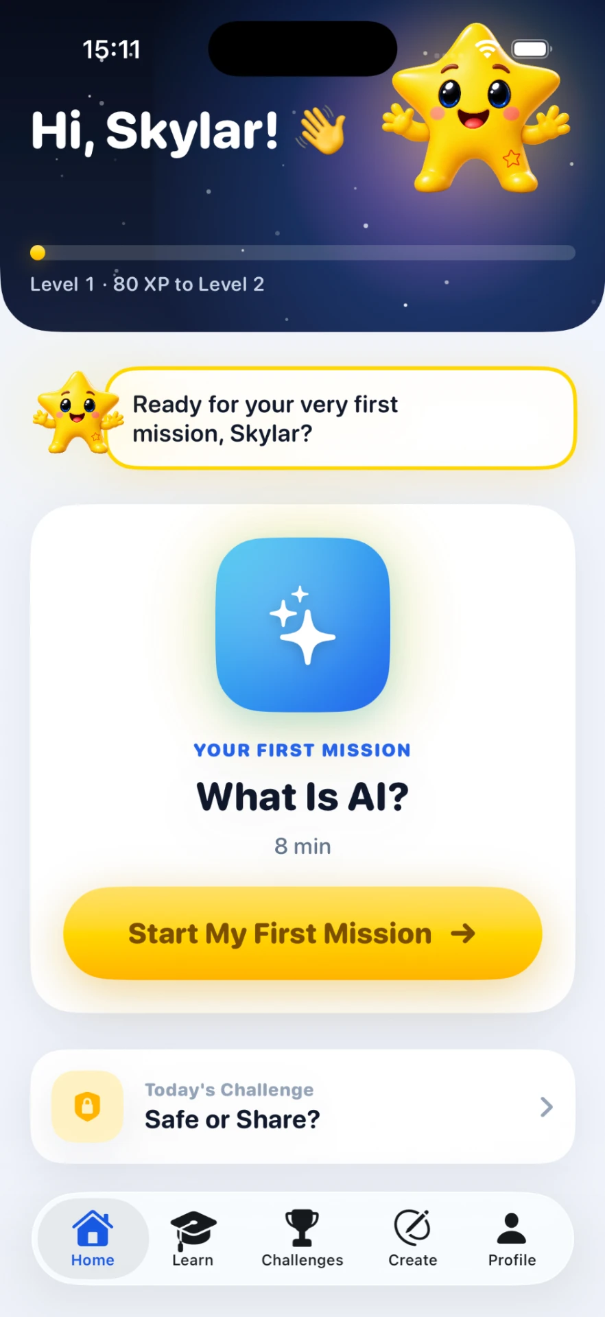 SparKids learn screen — a child's mission, progress, and daily challenge