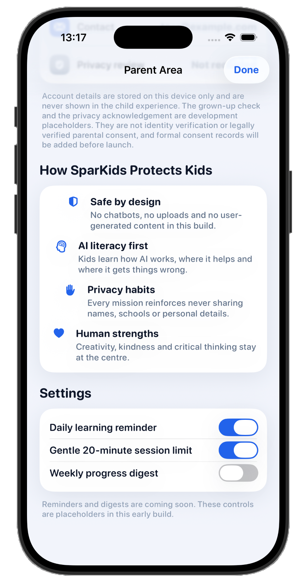 SparKids parent app child protection and settings screen